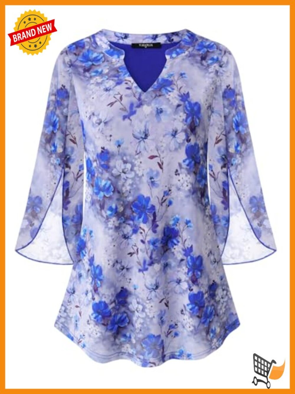 Women's Floral Tunic Top 3/4 Ruffle Sleeve V Neck Double Layer Mesh Blouse